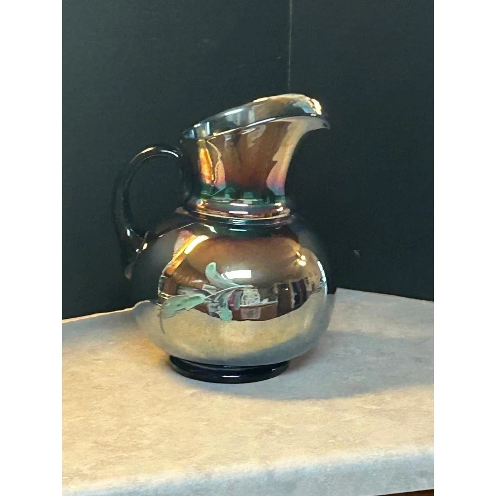 Northwood Cobalt Blue Iridescent Carnival Glass Enameled Cherries Pitcher 10
